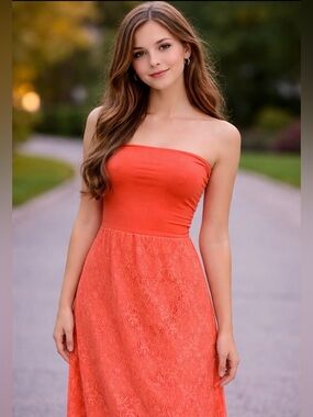 Orange Strapless Maxi Crochet Dress